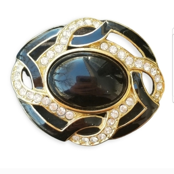 TRIFARI VINTAGE 1990s GOLDTONED BROOCH WITH RHINESTONES & BLACK ENAMEL DETAIL - Picture 1 of 4